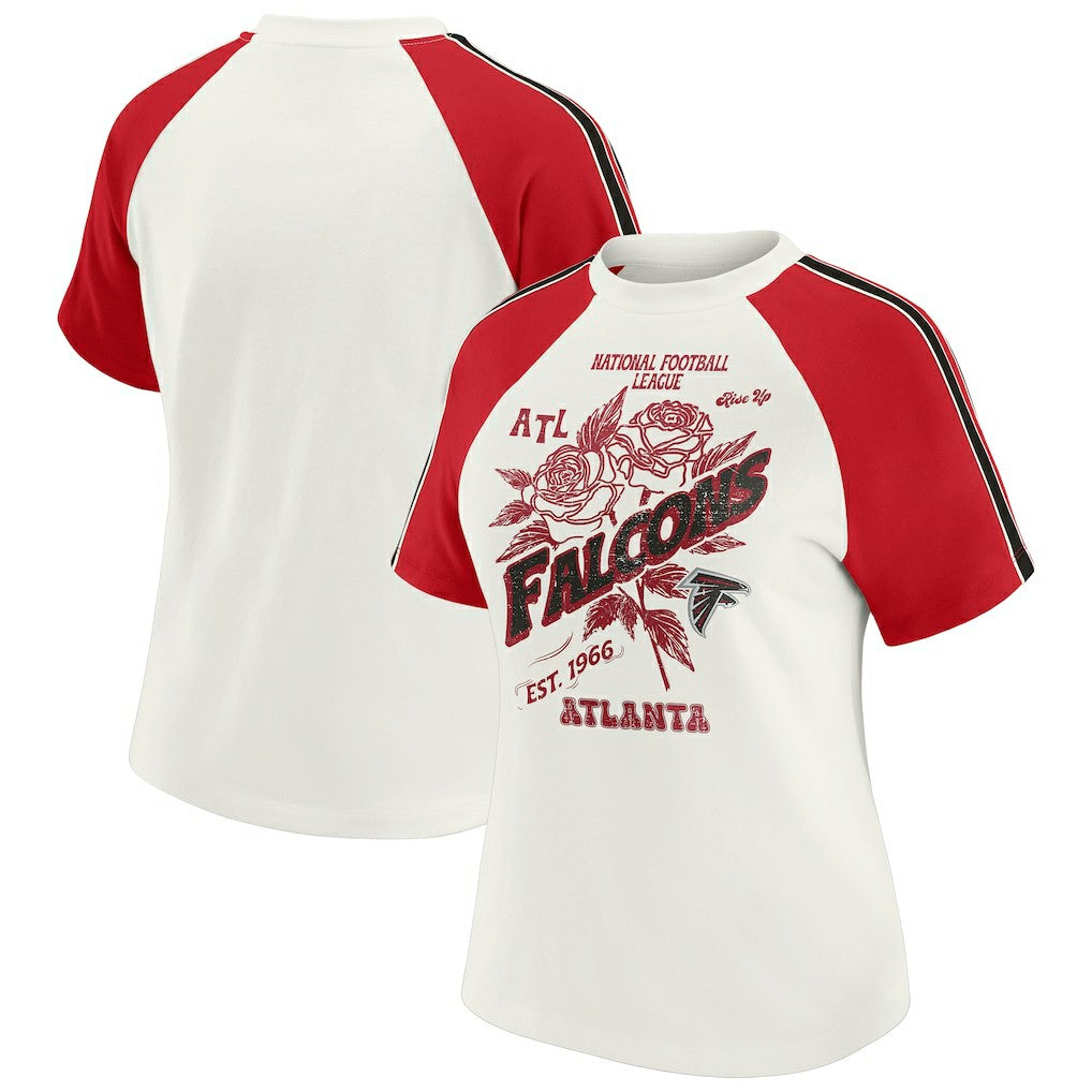 Atlanta Falcons WEAR by Erin Andrews Women's Sleeve Stripe Distressed Raglan T-Shirt White | NFL