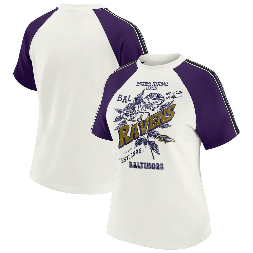 Baltimore Ravens WEAR by Erin Andrews Women's Sleeve Stripe Distressed Raglan T-Shirt White | NFL