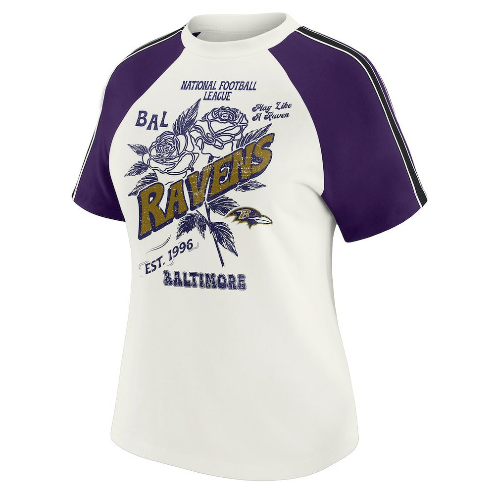 Baltimore Ravens WEAR by Erin Andrews Women's Sleeve Stripe Distressed Raglan T-Shirt White | NFL
