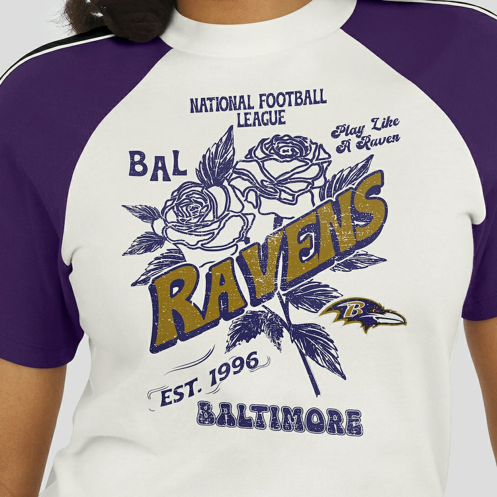 Baltimore Ravens WEAR by Erin Andrews Women's Sleeve Stripe Distressed Raglan T-Shirt White | NFL