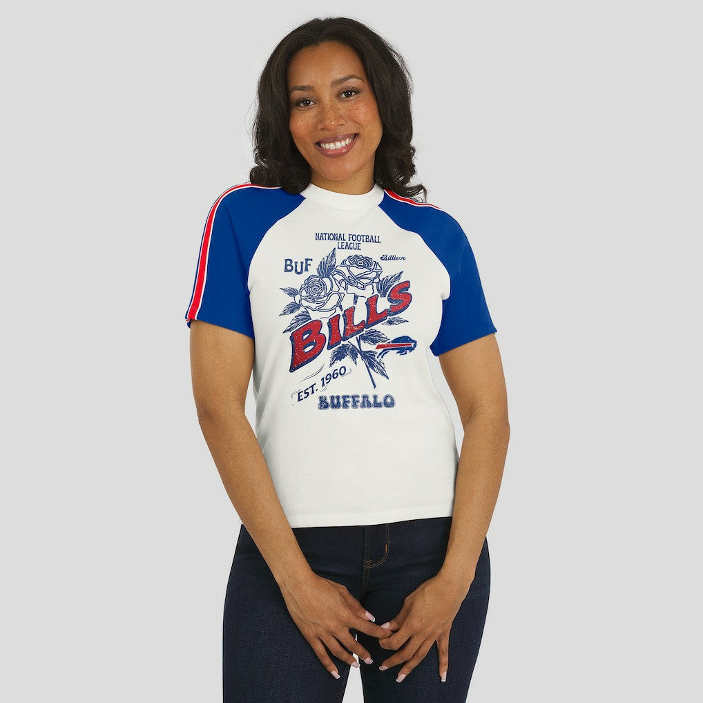 Buffalo Bills WEAR by Erin Andrews Women's Sleeve Stripe Distressed Raglan T-Shirt White | NFL