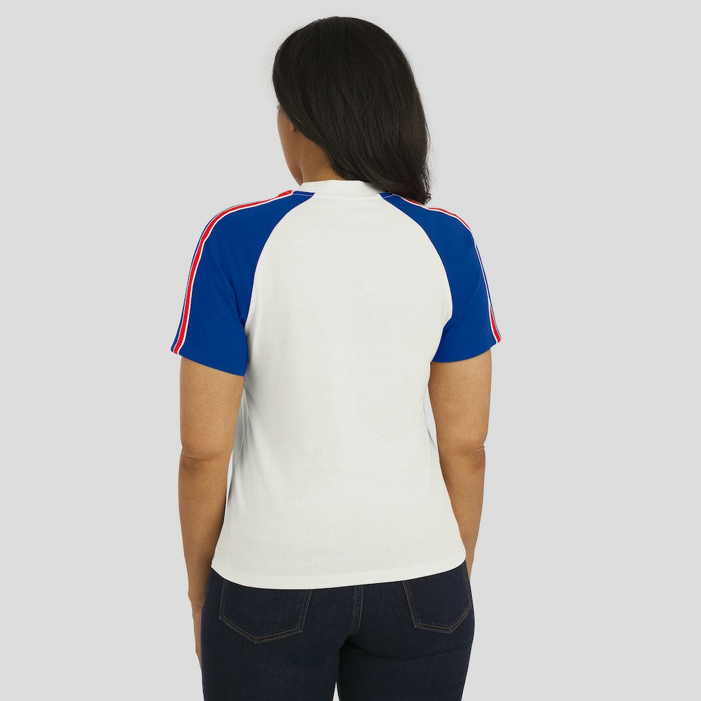 Buffalo Bills WEAR by Erin Andrews Women's Sleeve Stripe Distressed Raglan T-Shirt White | NFL