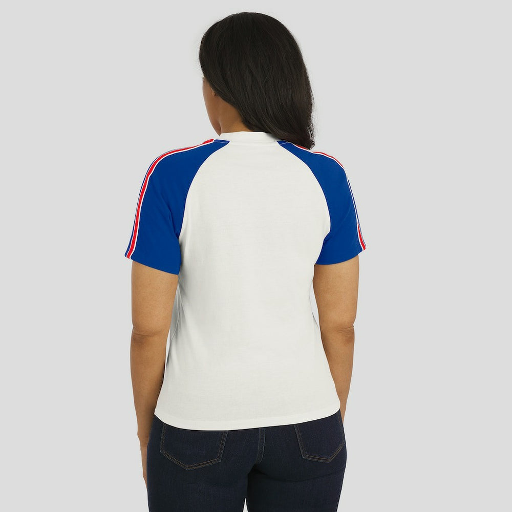 Buffalo Bills WEAR by Erin Andrews Women's Sleeve Stripe Distressed Raglan T-Shirt White | NFL