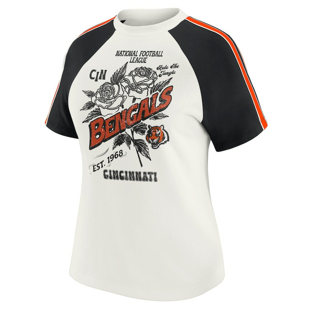 Cincinnati Bengals WEAR by Erin Andrews Women's Sleeve Stripe Distressed Raglan T-Shirt White | NFL