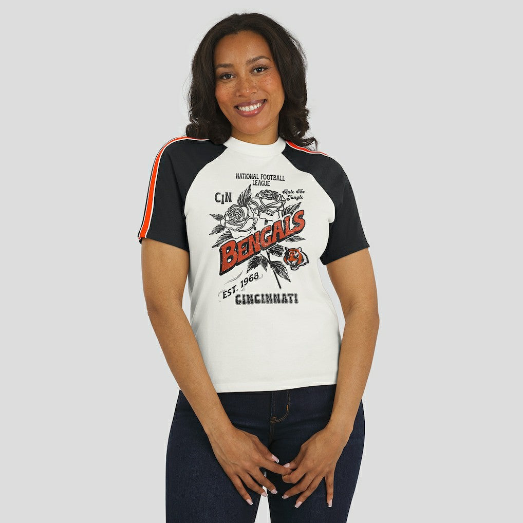 Cincinnati Bengals WEAR by Erin Andrews Women's Sleeve Stripe Distressed Raglan T-Shirt White | NFL