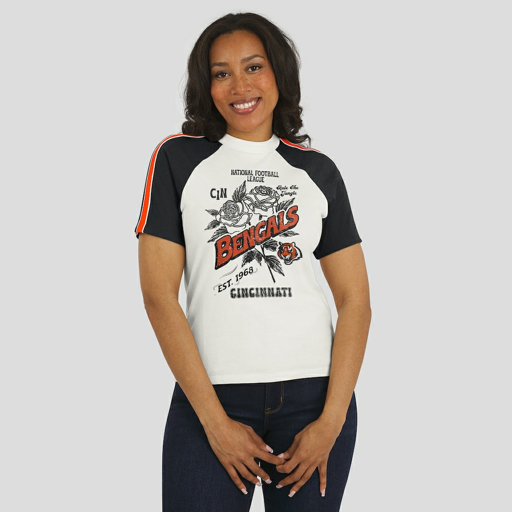 Cincinnati Bengals WEAR by Erin Andrews Women's Sleeve Stripe Distressed Raglan T-Shirt White | NFL