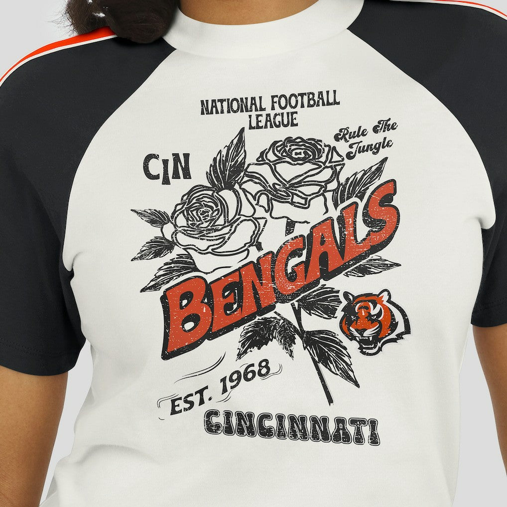 Cincinnati Bengals WEAR by Erin Andrews Women's Sleeve Stripe Distressed Raglan T-Shirt White | NFL