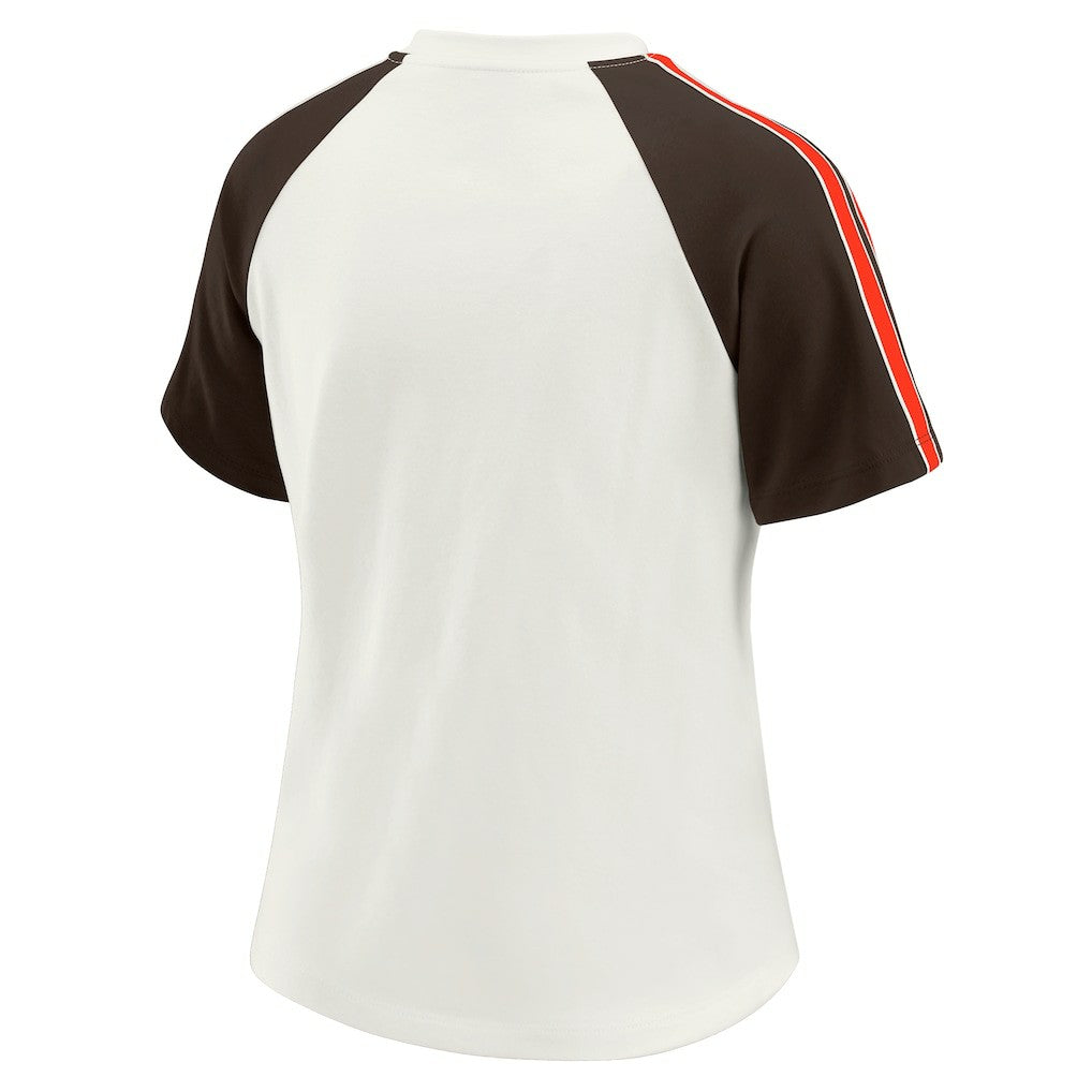 Cleveland Browns WEAR by Erin Andrews Women's Sleeve Stripe Distressed Raglan T-Shirt White | NFL
