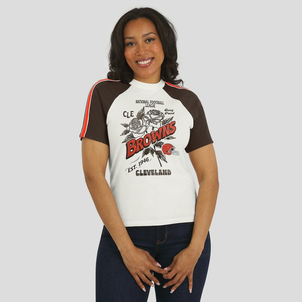Cleveland Browns WEAR by Erin Andrews Women's Sleeve Stripe Distressed Raglan T-Shirt White | NFL