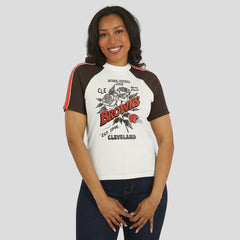 Cleveland Browns WEAR by Erin Andrews Women's Sleeve Stripe Distressed Raglan T-Shirt White | NFL