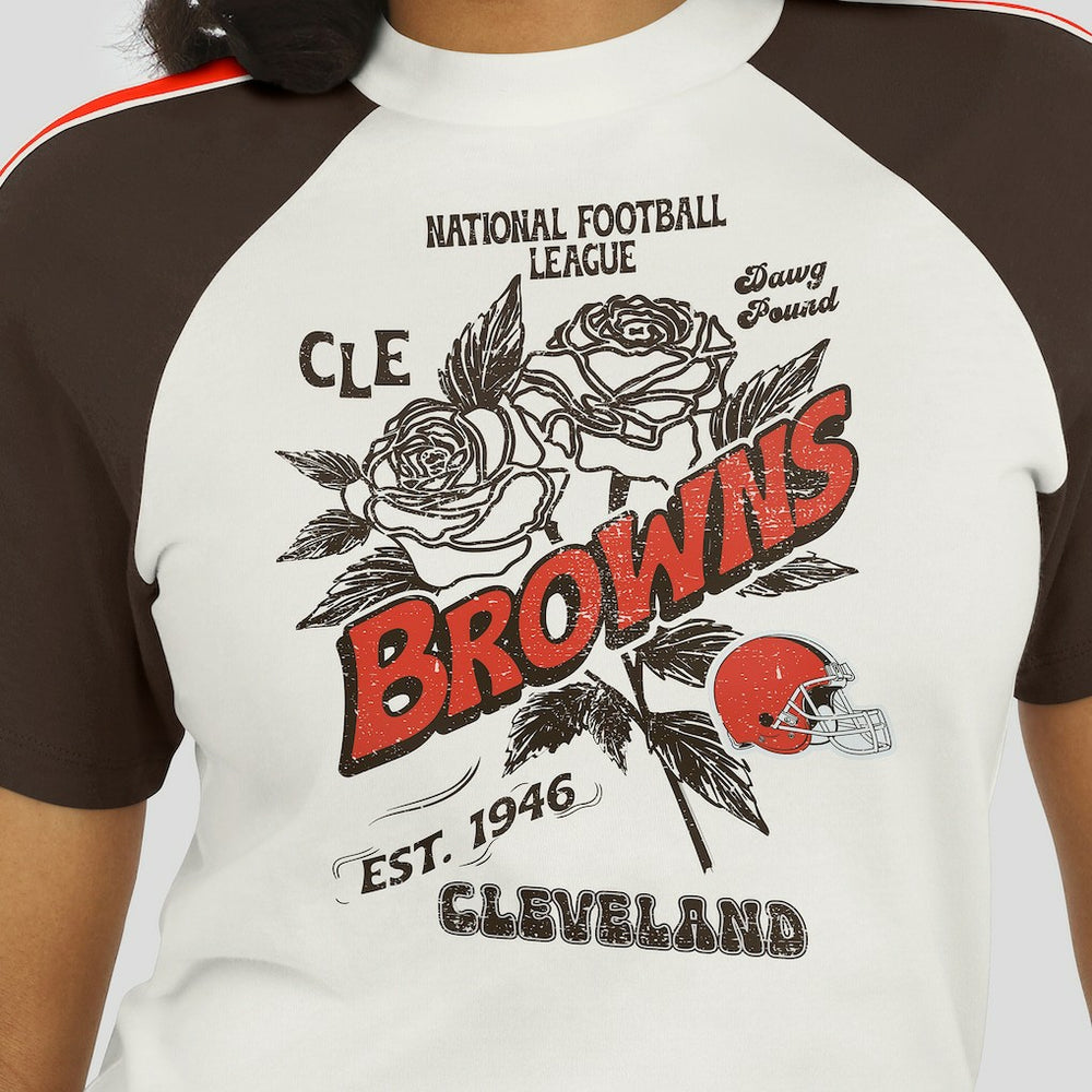 Cleveland Browns WEAR by Erin Andrews Women's Sleeve Stripe Distressed Raglan T-Shirt White | NFL