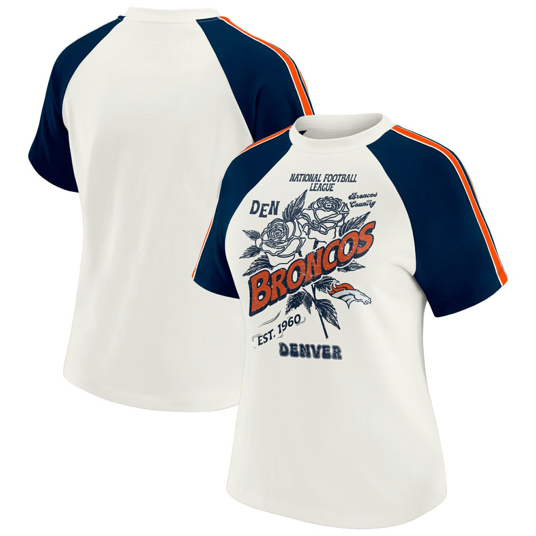 Denver Broncos WEAR by Erin Andrews Women's Sleeve Stripe Distressed Raglan T-Shirt White | NFL
