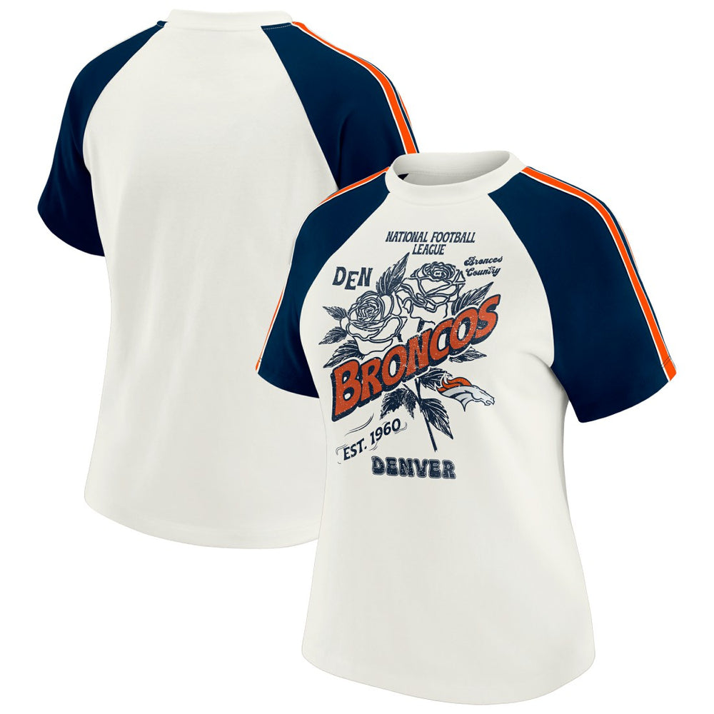 Denver Broncos WEAR by Erin Andrews Women's Sleeve Stripe Distressed Raglan T-Shirt White | NFL