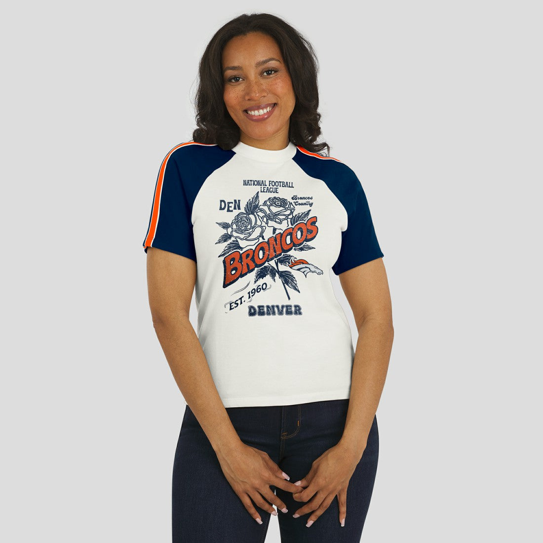 Denver Broncos WEAR by Erin Andrews Women's Sleeve Stripe Distressed Raglan T-Shirt White | NFL
