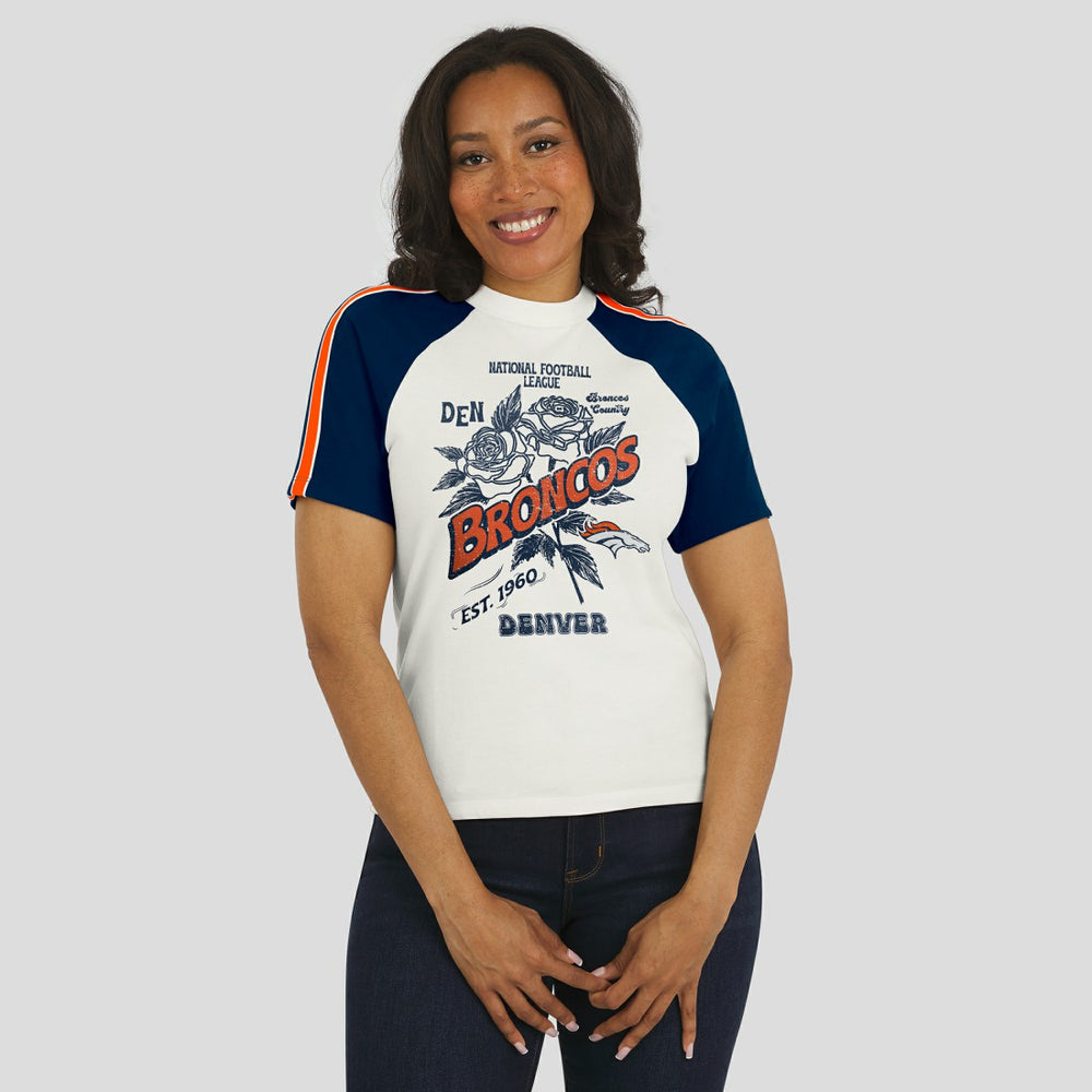 Denver Broncos WEAR by Erin Andrews Women's Sleeve Stripe Distressed Raglan T-Shirt White | NFL
