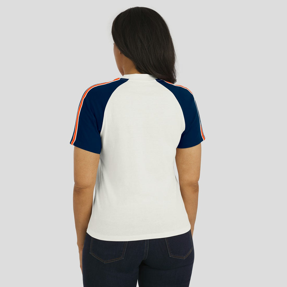 Denver Broncos WEAR by Erin Andrews Women's Sleeve Stripe Distressed Raglan T-Shirt White | NFL