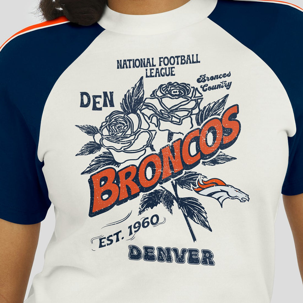 Denver Broncos WEAR by Erin Andrews Women's Sleeve Stripe Distressed Raglan T-Shirt White | NFL