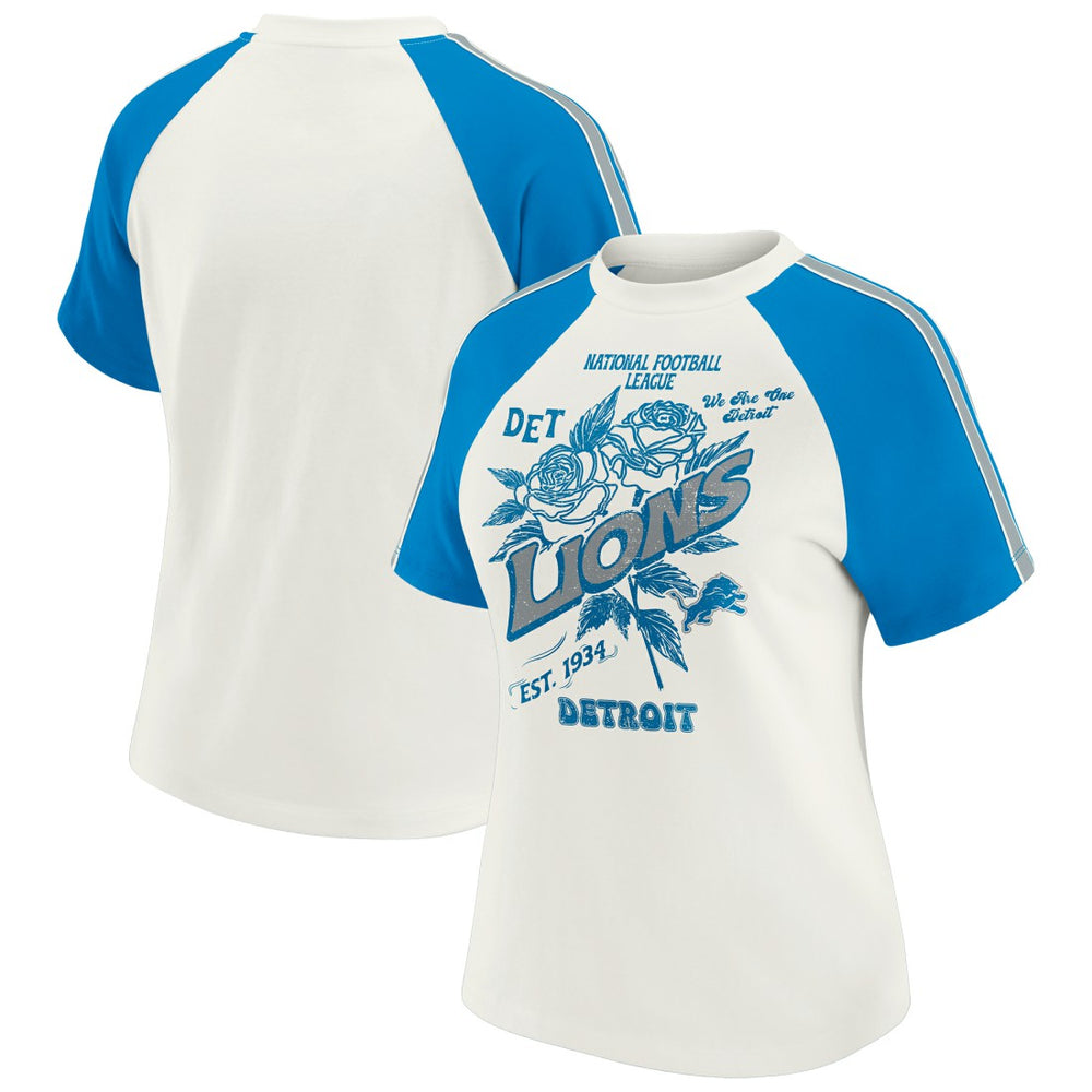 Detroit Lions WEAR by Erin Andrews Women's Sleeve Stripe Distressed Raglan T-Shirt White | NFL