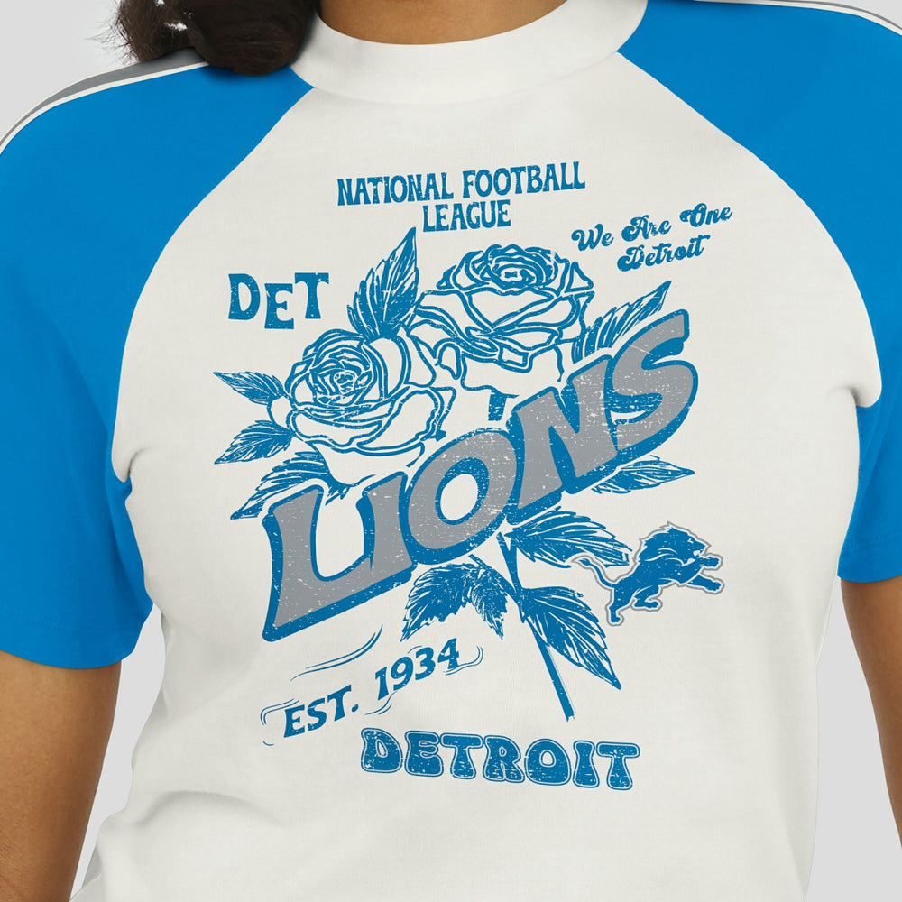 Detroit Lions WEAR by Erin Andrews Women's Sleeve Stripe Distressed Raglan T-Shirt White | NFL