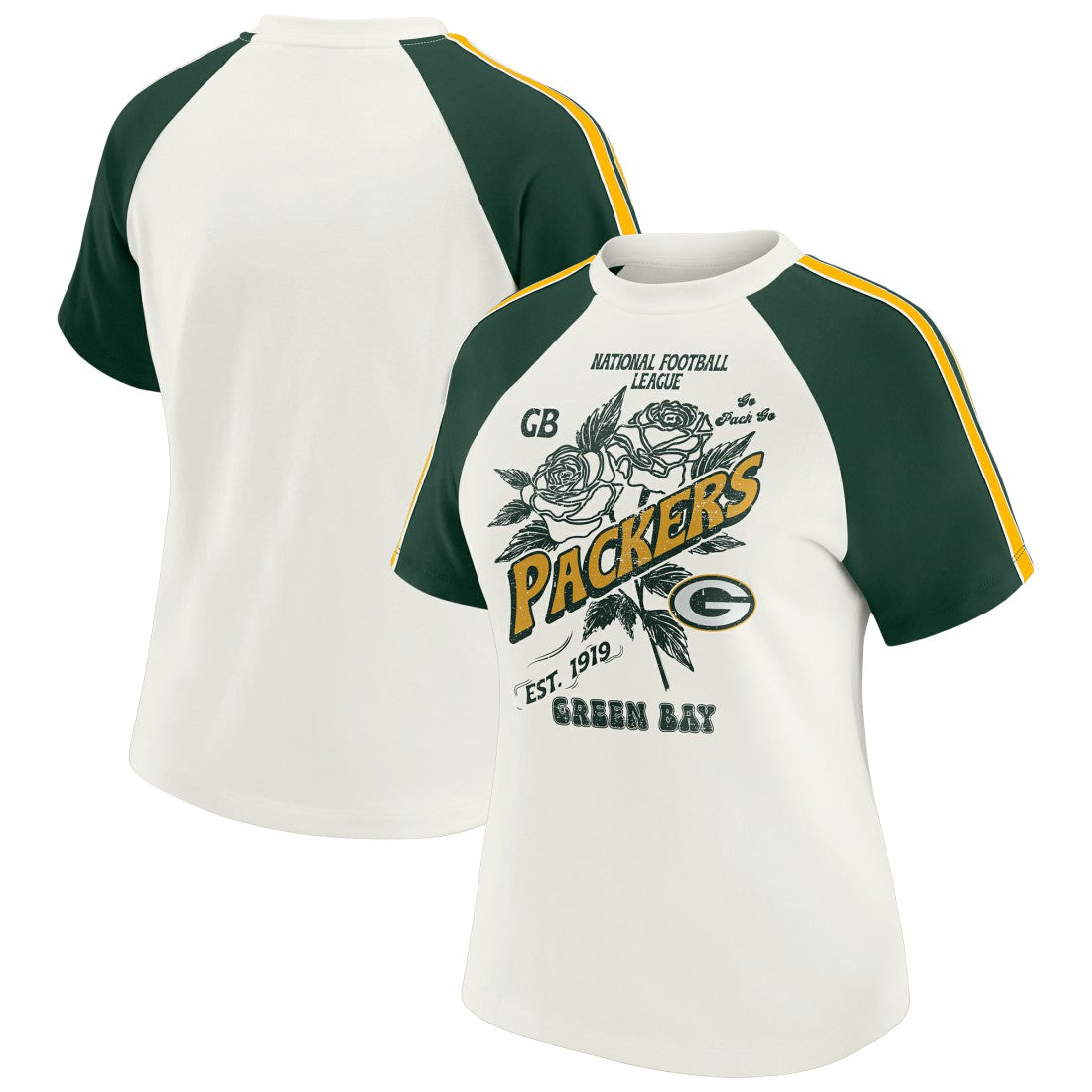 Green Bay Packers WEAR by Erin Andrews Women's Sleeve Stripe Distressed Raglan T-Shirt White | NFL