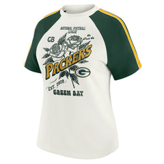 Green Bay Packers WEAR by Erin Andrews Women's Sleeve Stripe Distressed Raglan T-Shirt White | NFL