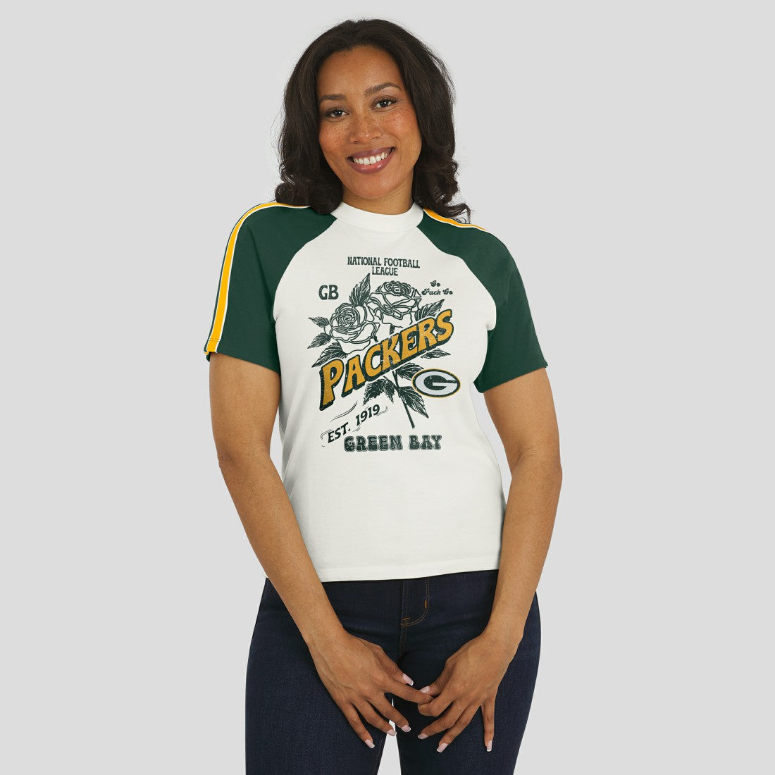 Green Bay Packers WEAR by Erin Andrews Women's Sleeve Stripe Distressed Raglan T-Shirt White | NFL