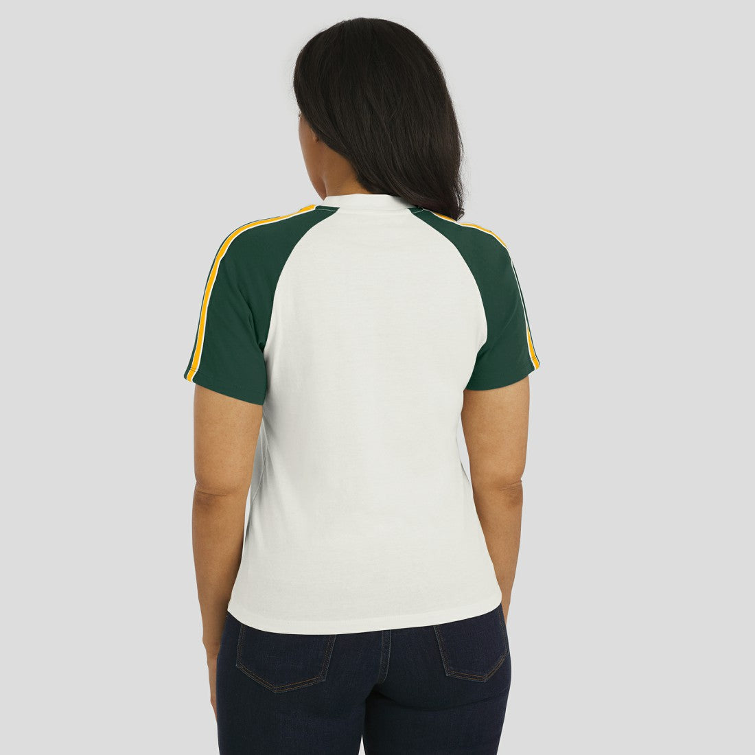 Green Bay Packers WEAR by Erin Andrews Women's Sleeve Stripe Distressed Raglan T-Shirt White | NFL
