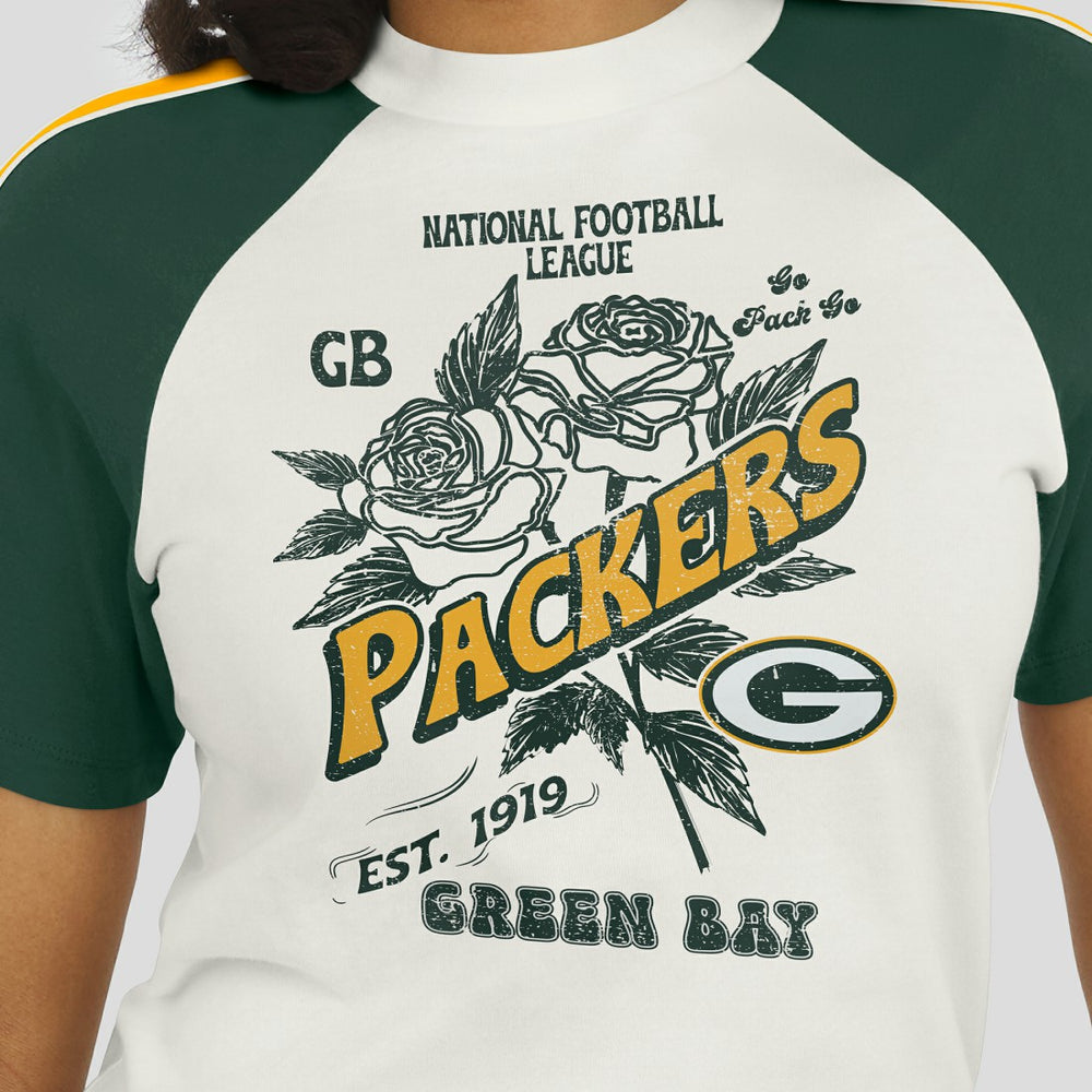 Green Bay Packers WEAR by Erin Andrews Women's Sleeve Stripe Distressed Raglan T-Shirt White | NFL