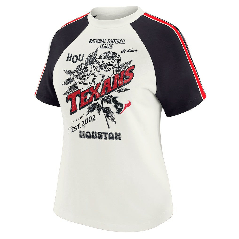 Houston Texans WEAR by Erin Andrews Women's Sleeve Stripe Distressed Raglan T-Shirt White | NFL