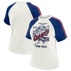 New York Giants WEAR by Erin Andrews Women's Sleeve Stripe Distressed Raglan T-Shirt White | NFL