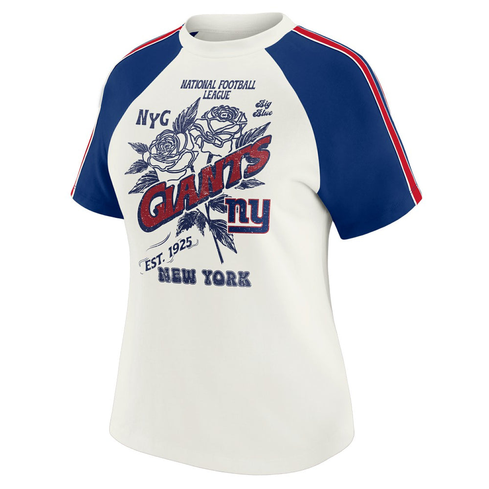 New York Giants WEAR by Erin Andrews Women's Sleeve Stripe Distressed Raglan T-Shirt White | NFL