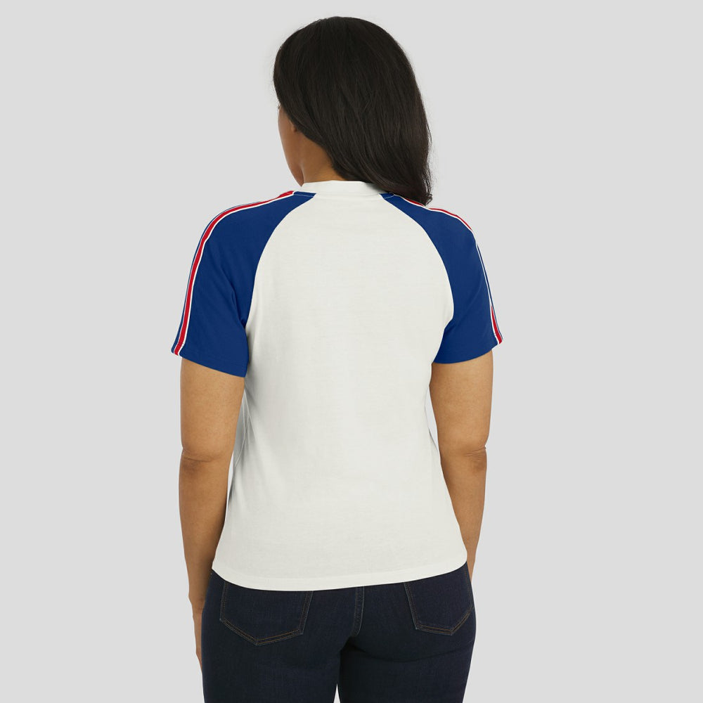 New York Giants WEAR by Erin Andrews Women's Sleeve Stripe Distressed Raglan T-Shirt White | NFL