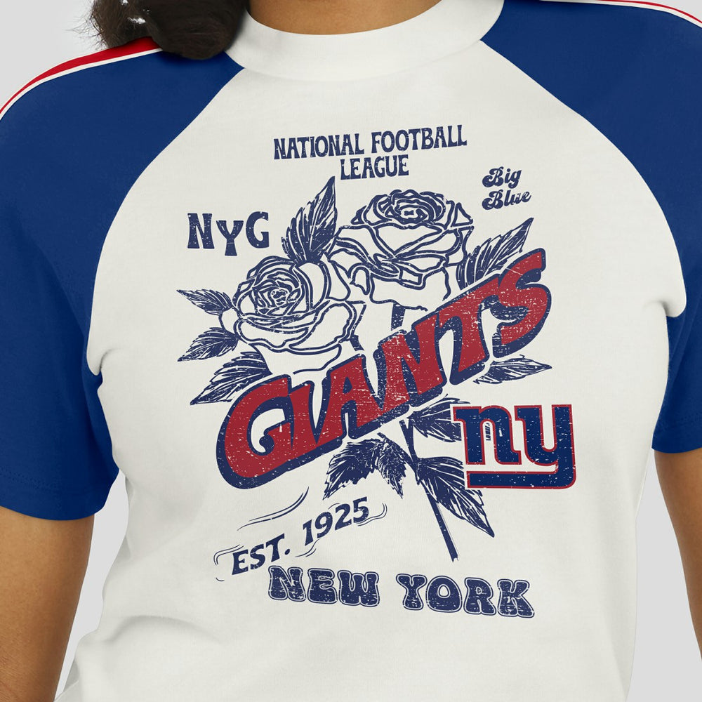 New York Giants WEAR by Erin Andrews Women's Sleeve Stripe Distressed Raglan T-Shirt White | NFL