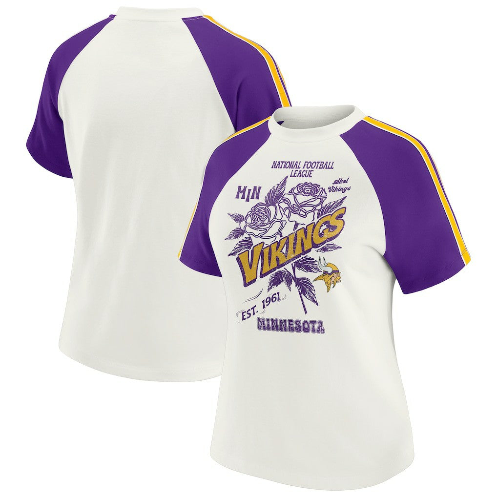 Minnesota Vikings WEAR by Erin Andrews Women's Sleeve Stripe Distressed Raglan T-Shirt White | NFL