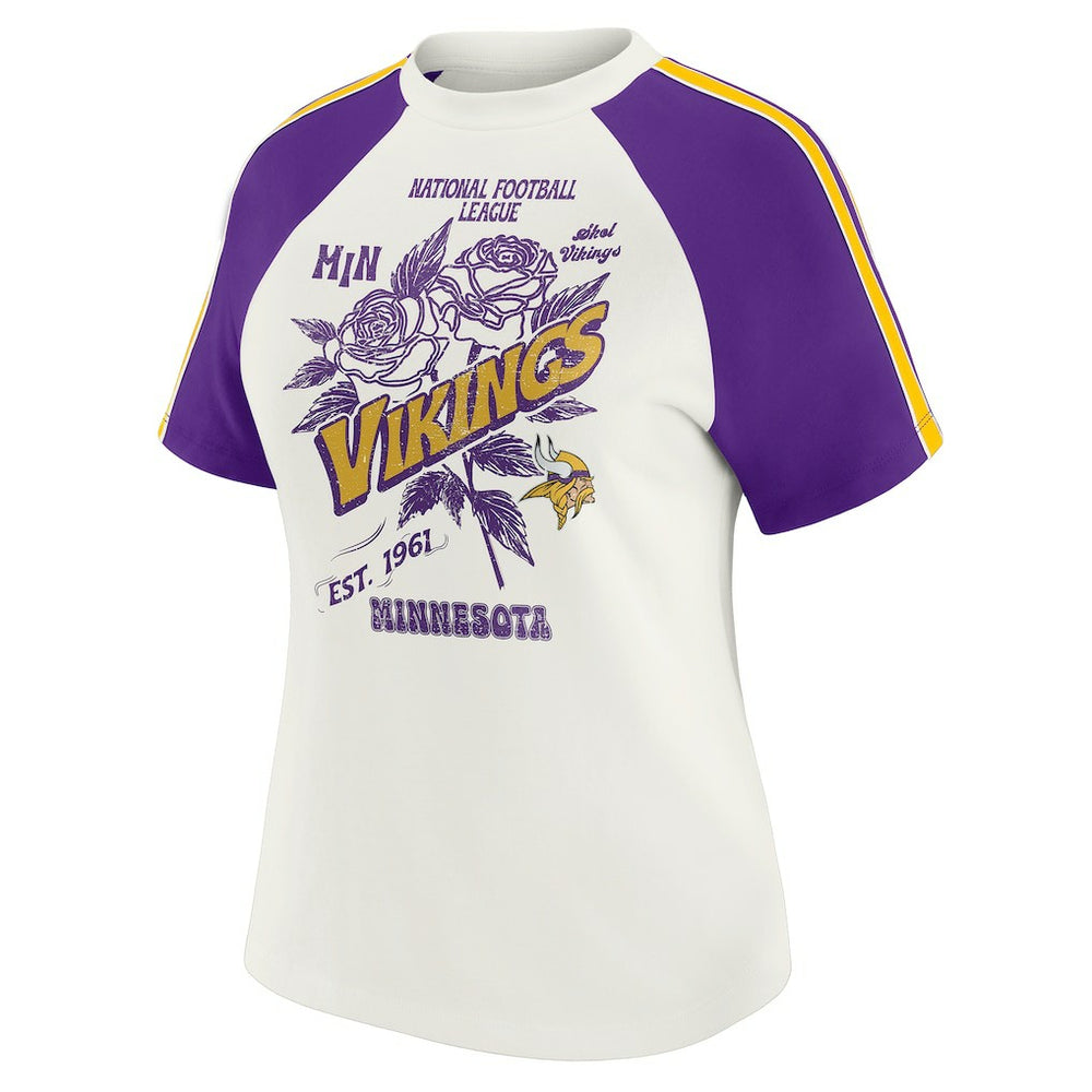 Minnesota Vikings WEAR by Erin Andrews Women's Sleeve Stripe Distressed Raglan T-Shirt White | NFL