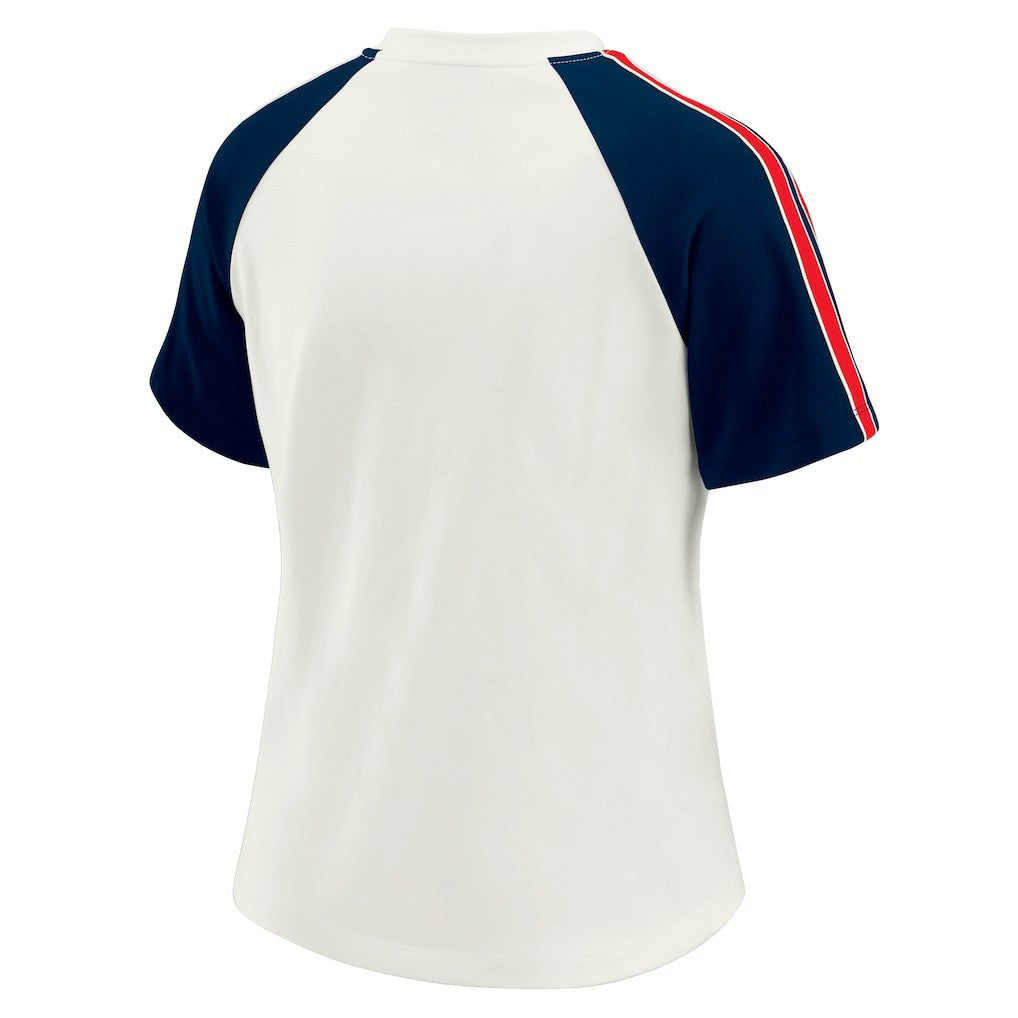 New England Patriots WEAR by Erin Andrews Women's Sleeve Stripe Distressed Raglan T-Shirt White | NFL