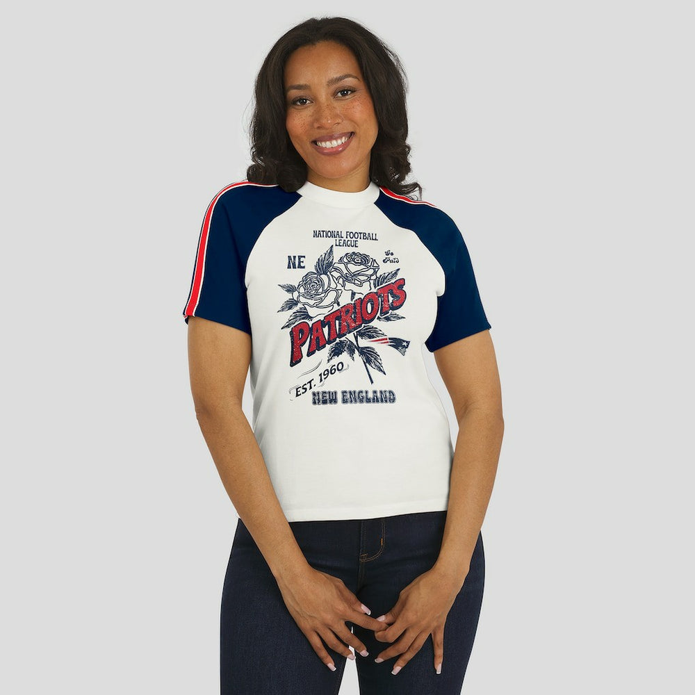 New England Patriots WEAR by Erin Andrews Women's Sleeve Stripe Distressed Raglan T-Shirt White | NFL