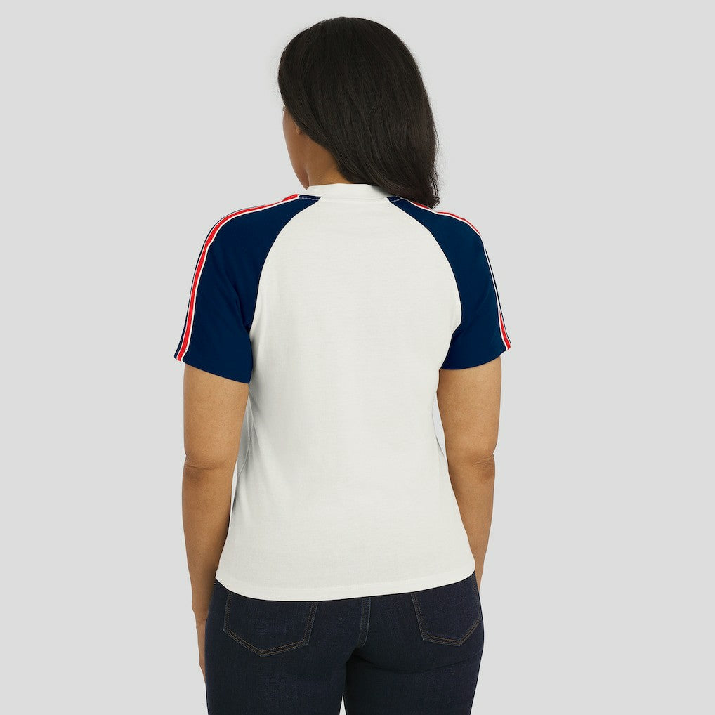New England Patriots WEAR by Erin Andrews Women's Sleeve Stripe Distressed Raglan T-Shirt White | NFL