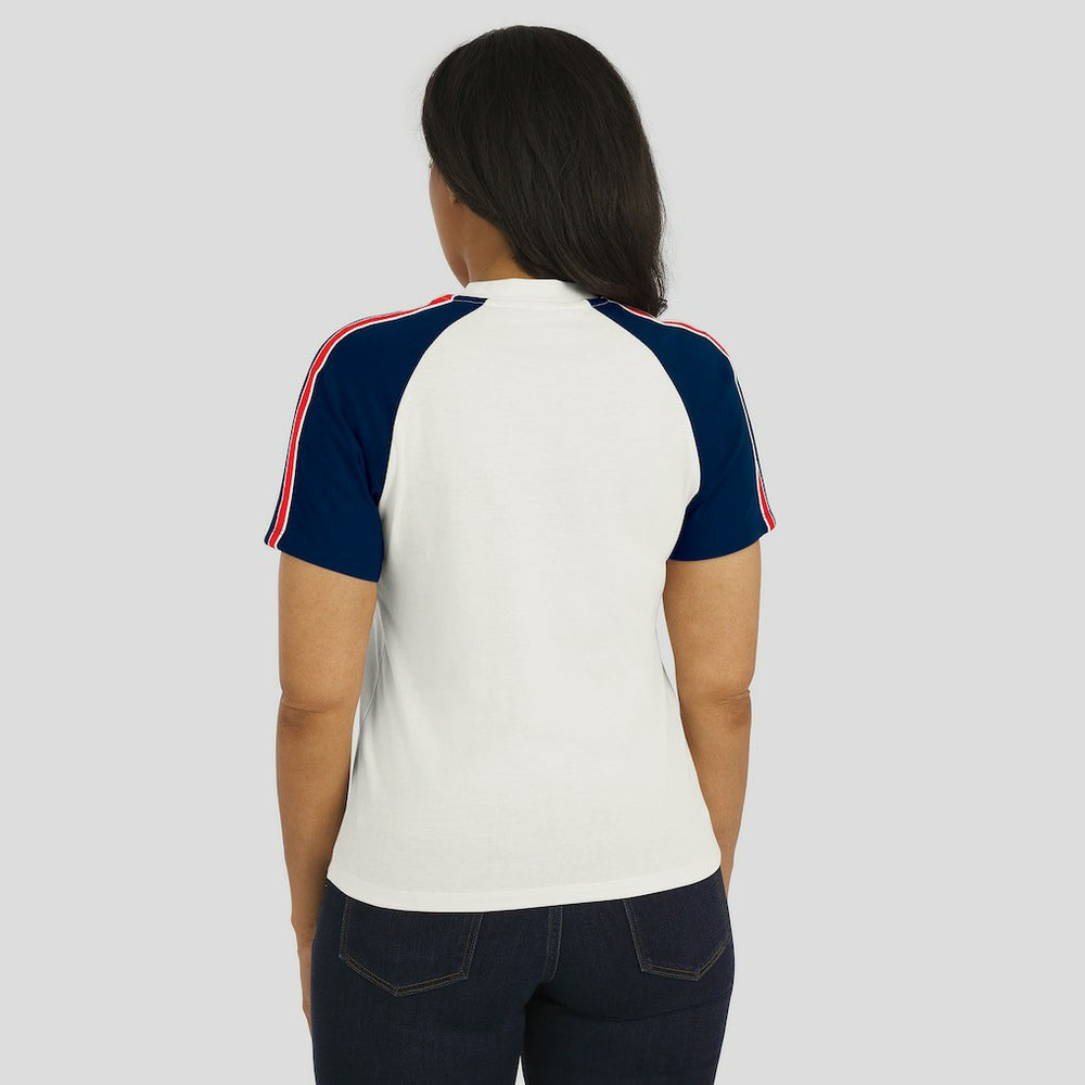 New England Patriots WEAR by Erin Andrews Women's Sleeve Stripe Distressed Raglan T-Shirt White | NFL