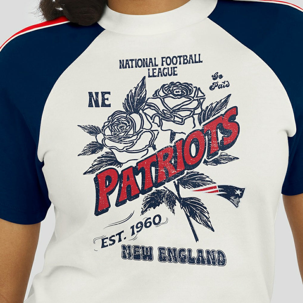 New England Patriots WEAR by Erin Andrews Women's Sleeve Stripe Distressed Raglan T-Shirt White | NFL