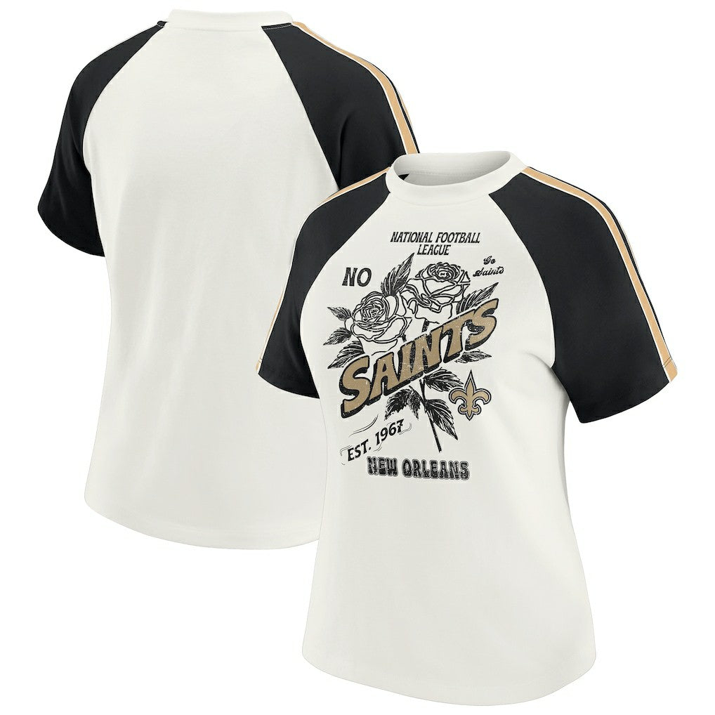 New Orleans Saints WEAR by Erin Andrews Women's Sleeve Stripe Distressed Raglan T-Shirt White | NFL