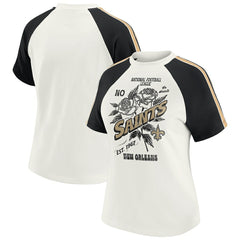 New Orleans Saints WEAR by Erin Andrews Women's Sleeve Stripe Distressed Raglan T-Shirt White | NFL