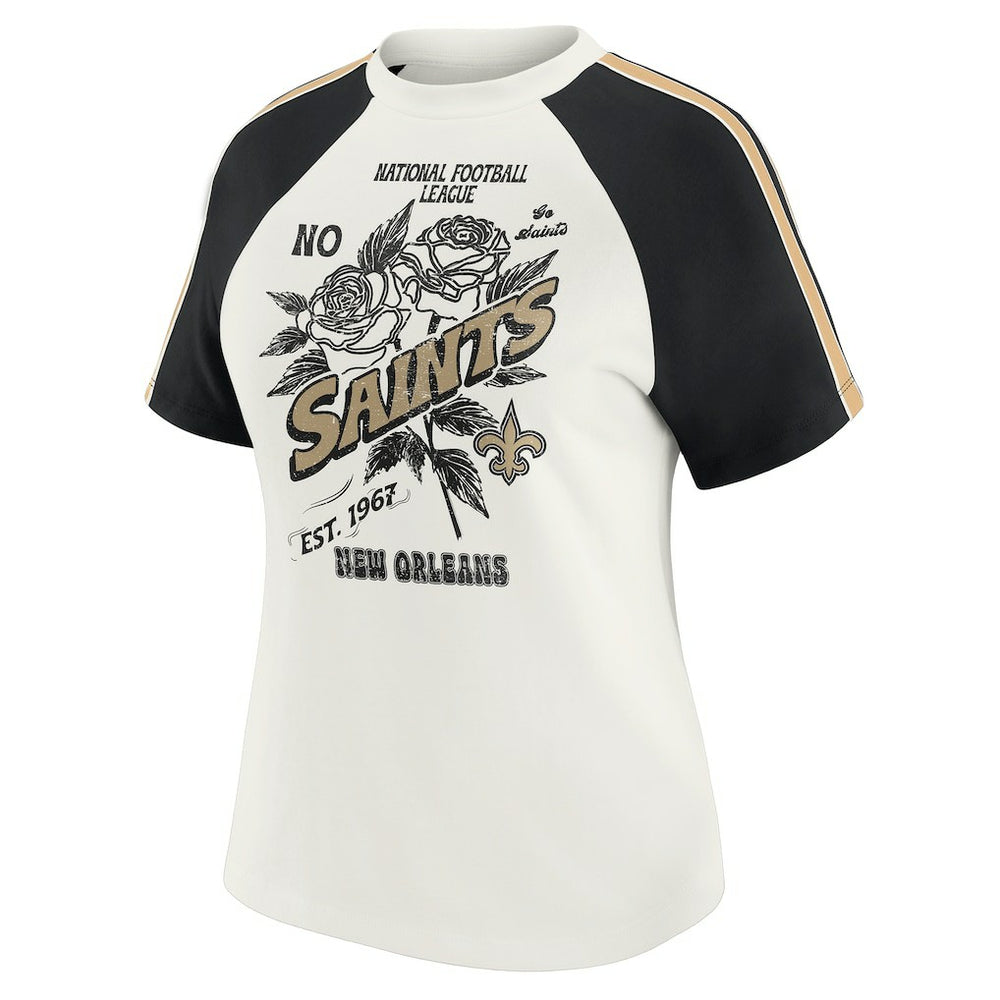 New Orleans Saints WEAR by Erin Andrews Women's Sleeve Stripe Distressed Raglan T-Shirt White | NFL