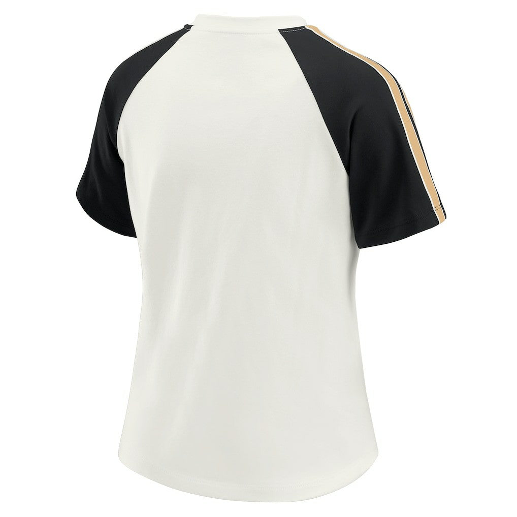 New Orleans Saints WEAR by Erin Andrews Women's Sleeve Stripe Distressed Raglan T-Shirt White | NFL