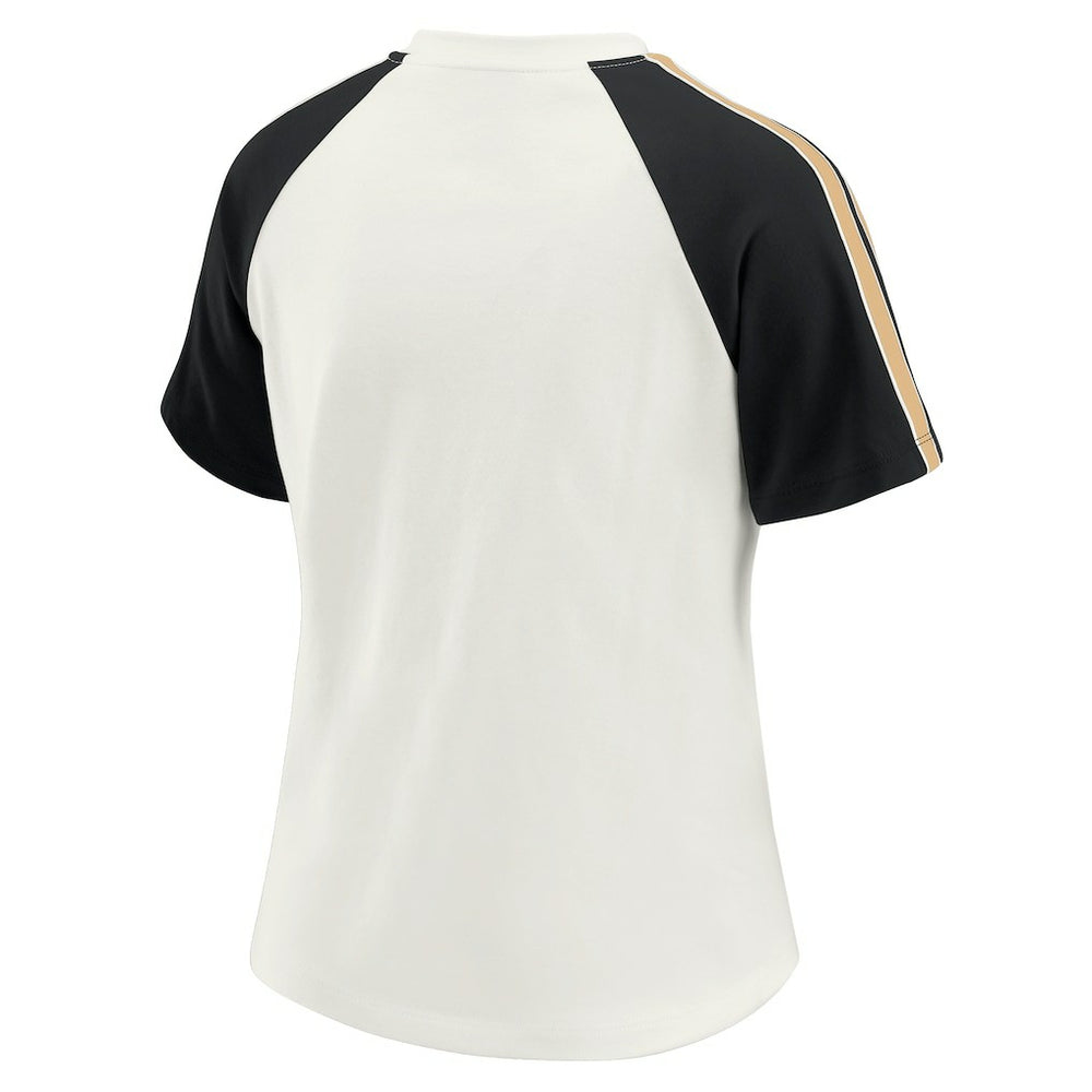New Orleans Saints WEAR by Erin Andrews Women's Sleeve Stripe Distressed Raglan T-Shirt White | NFL