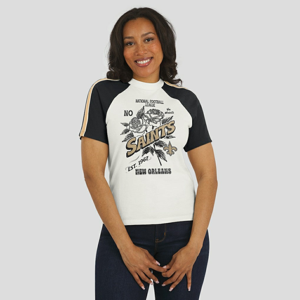New Orleans Saints WEAR by Erin Andrews Women's Sleeve Stripe Distressed Raglan T-Shirt White | NFL