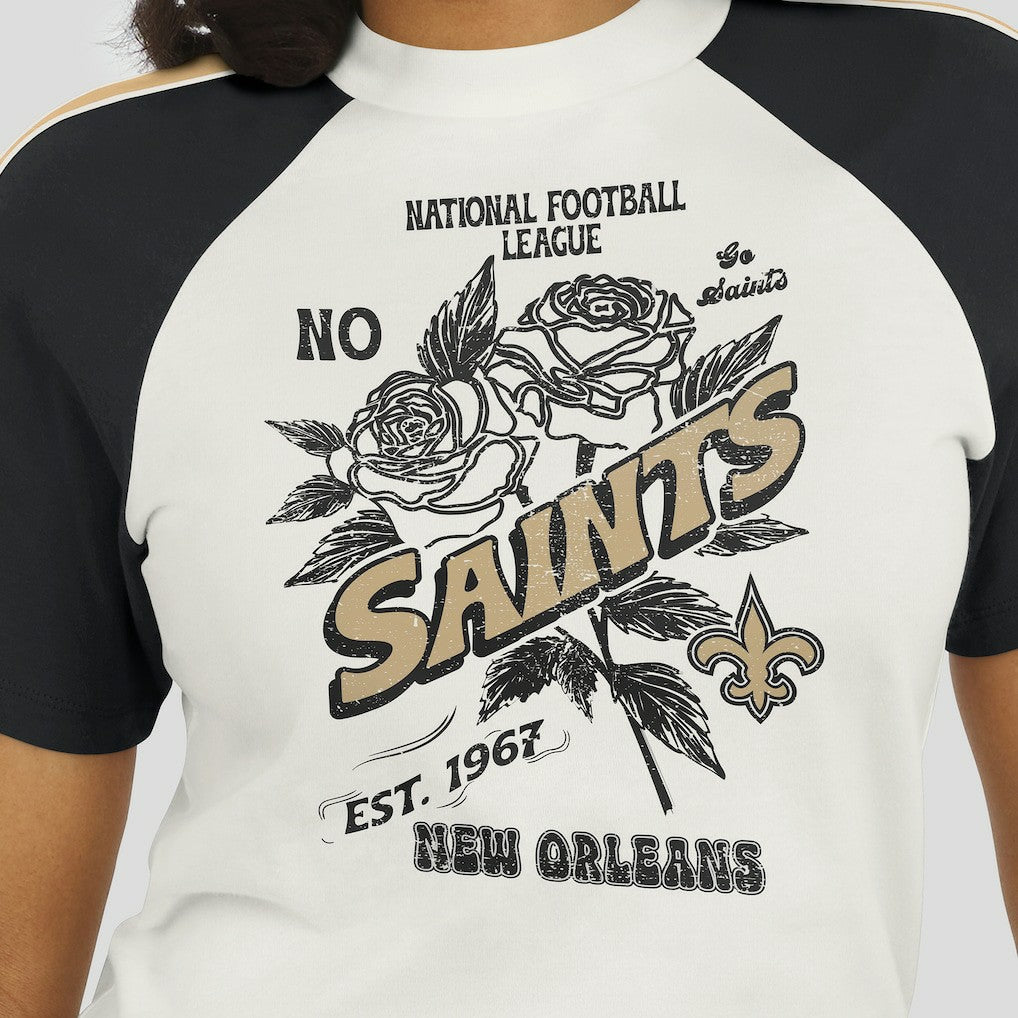 New Orleans Saints WEAR by Erin Andrews Women's Sleeve Stripe Distressed Raglan T-Shirt White | NFL