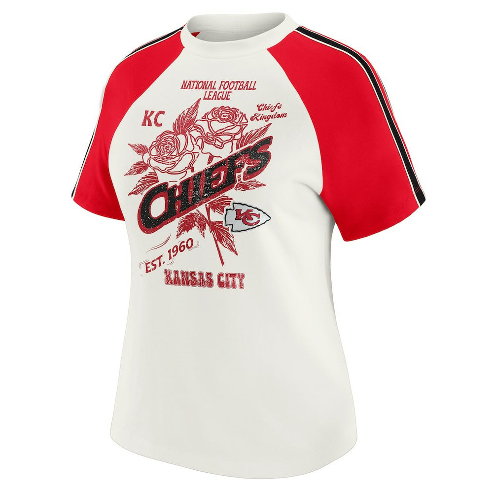 Kansas City Chiefs WEAR by Erin Andrews Women's Sleeve Stripe Distressed Raglan T-Shirt White | NFL