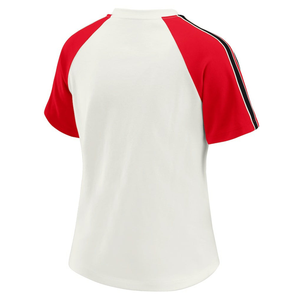 Kansas City Chiefs WEAR by Erin Andrews Women's Sleeve Stripe Distressed Raglan T-Shirt White | NFL