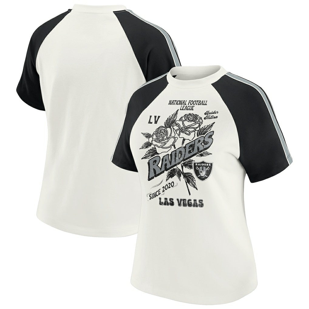 Las Vegas Raiders WEAR by Erin Andrews Women's Sleeve Stripe Distressed Raglan T-Shirt White | NFL